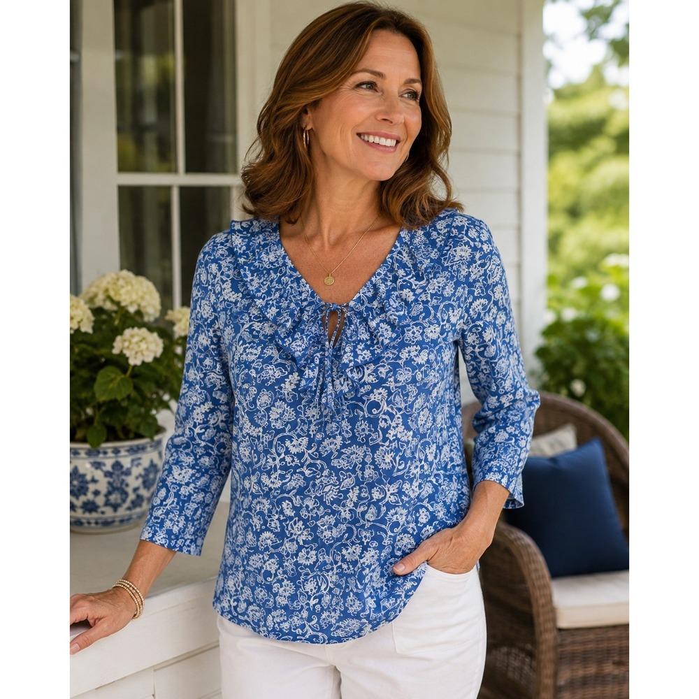 NWT Chaps Denim Women Med Floral Ruffle Tie Neck 3/4 Sleeve Blouse Top Stretch